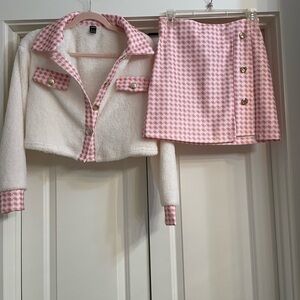 Pink and White Houndstooth Skirt Set